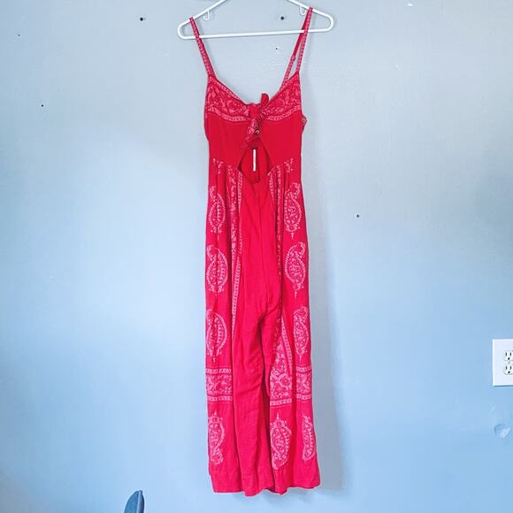 Free People Jumpsuit Size 6 Feel the Sun Red Linen Blend Wide Leg Pockets Boho - Picture 4 of 12